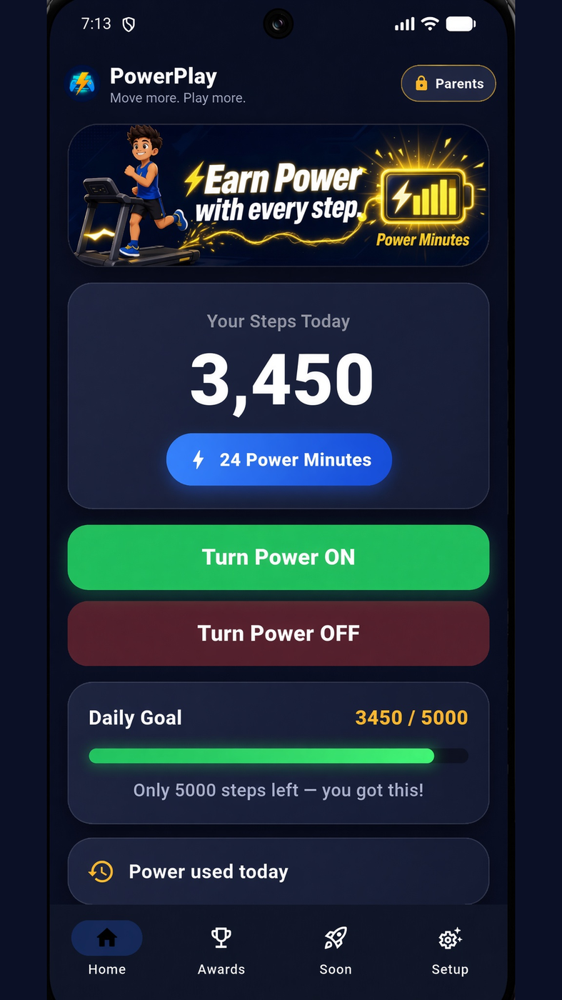 PowerPlay home: 5,376 steps, 136 Power Minutes, Turn Power ON and OFF